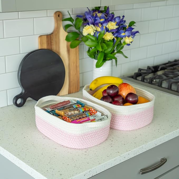 OrganiHaus Set of 5 Rectangle Bathroom Storage Baskets for Organizing, Small Woven Baskets for Storage Basket for Bathroom, Nursery Storage Basket for Baby Nursery Organization, Cute Bins, Pink/White