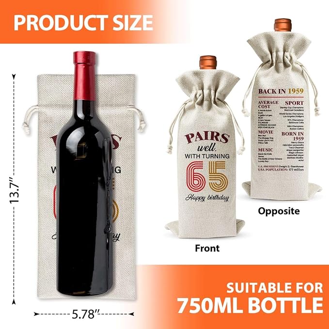 65th Birthday Wine Gift Bag For Mom Dad Women Men Her Him Grandfather Grandmother, 1959 Birthday Gift, 65th Birthday Party Decoration Favors, 65th Anniversary Wine Bag, Linen Wine Bag Gift