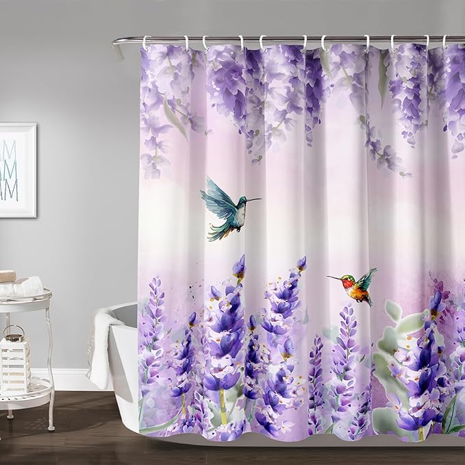 AILONEN Waterproof Floral Shower Curtain for Bathroom,Purple Wisteria Lavender Flowers Shower Curtain,Botanical Floral Decor Bathroom Polyester with Grommets and Hooks 60" W*72" H