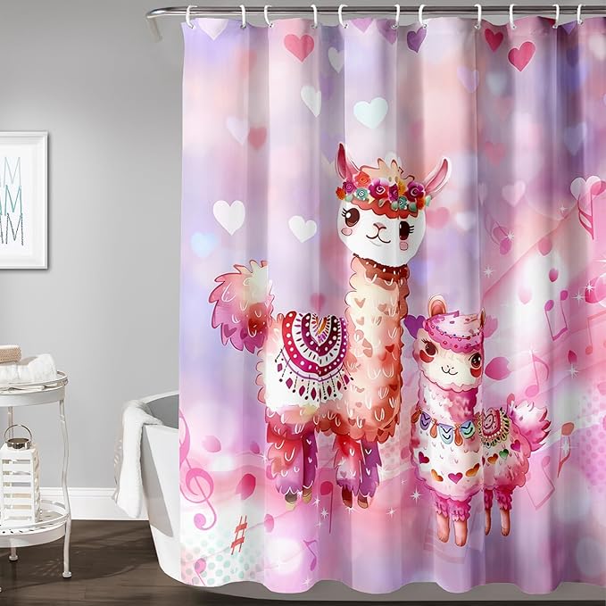 AILONEN Kawaii Llama Shower Curtain for Kids Girls,Watercolor Llama Alpaca Theme Bath Curtain,Boho Llama Hearts Print Pink Shower Curtain Waterproof for Bathroom with 12 Plastic Hooks, 72" W*78" H