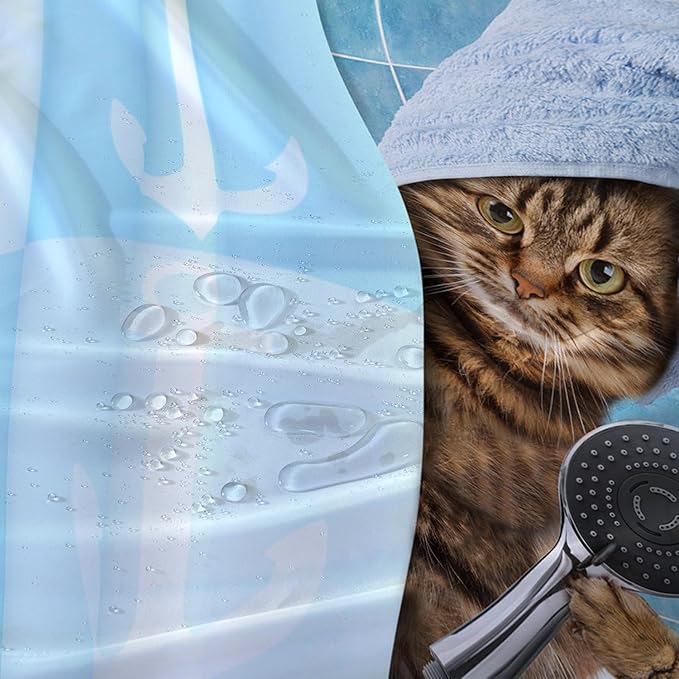 AILONEN Funny Cat Shower Curtain for Kids 72" W*72" H Inch,Cute Kitten Taking Shower Bathroom Curtain,12 Pack Hooks Polyester Waterproof Fabric Decor for Bathroom,Blue