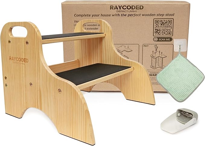 Toddler Step Stool for Bathroom Sink, 2 Step Stool, Toddler Stool for Bathroom, Toddler Sink Step Stool, Bedside Steps for High Beds, Kids Stool for Bathroom Sink, Wooden Two Step Stool