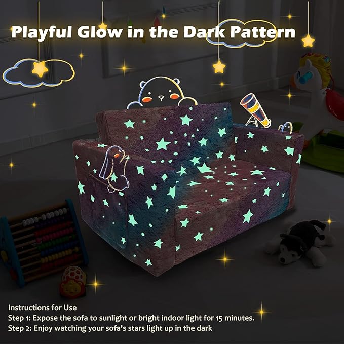 Kids Sofa, Glow in The Dark Toddler Chairs Children's Extra Wide Convertible Sofa to Lounger - Extra Soft 2 Seats 2 in 1 Flip Open Chair & Sleeper, Toddler Couch, Kids Sofa Bed