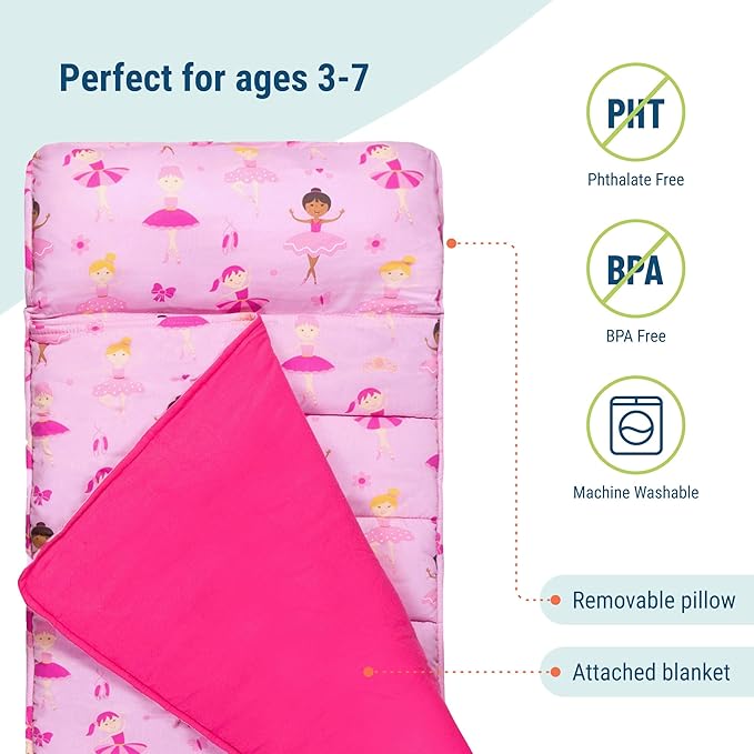 Wildkin Original Nap Mat with Reusable Pillow for Boys & Girls, Ideal for Sleepovers, Equipped with Hook & Loop Fastener, Made from Cotton Blend Materials - Nap Mat for Kids