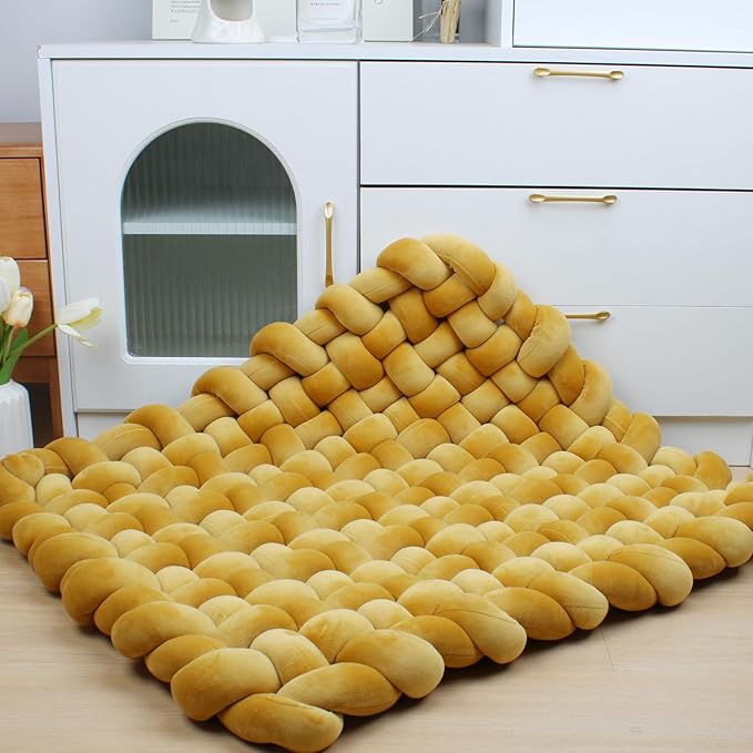 XHJRI Thickened Braided Knot Seat Mat, Knotted Floor Decorative Cushion, Handmade Baby Infant Playing Pad Nursery Rug (27.5 * 31.5 Inch,Yellow Brown)