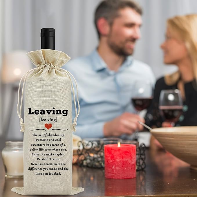 Farewell Gift Coworker Leaving Gifts for Coworkers Wine Bag for New Job Gifts for Colleague Drawstring Wine Bottle Bag Goodbye Gift for Boss Women Men Friends Reusable Burlap Wine Gift Bag