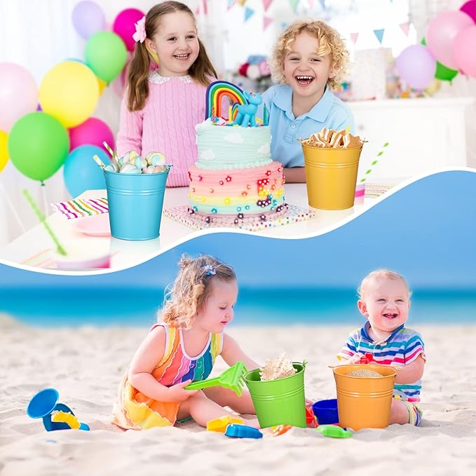 Therwen 24 Pieces Small Metal Buckets with Handle Colored Galvanized Bucket Round Metal Pail for Kids Classroom Candy Crafts,Utensils, Vase Party Favor(5.71 Inch,with Handle)