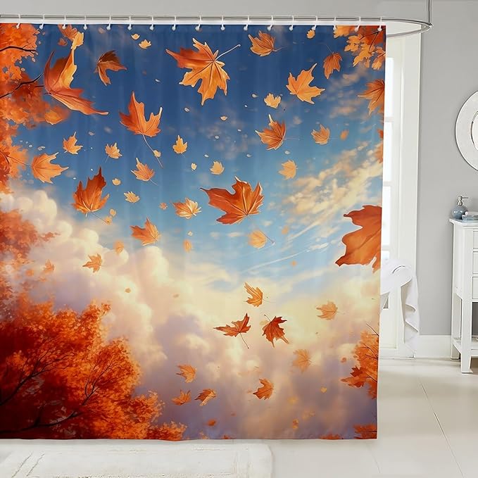 Feelyou Maple Leaf Shower Curtain Autumn Fabric Shower Curtain for Kids Nutrue Theme Bathroom Waterproof Accessories with 12 Hooks Women Men Sky Cloud Curtains,72x84 Inches