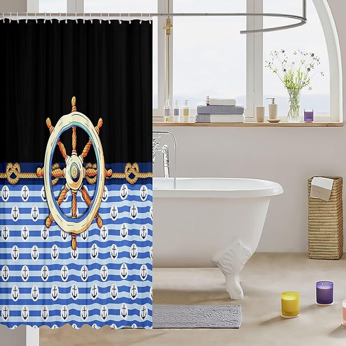 Feelyou Anchor Decor Shower Curtain 72"x72" Kids Nautical Bathroom Shower Curtain Set for Boys Girls Teens Black Blue Bath Curtain Marine Theme Compass Print Bathroom Accessories