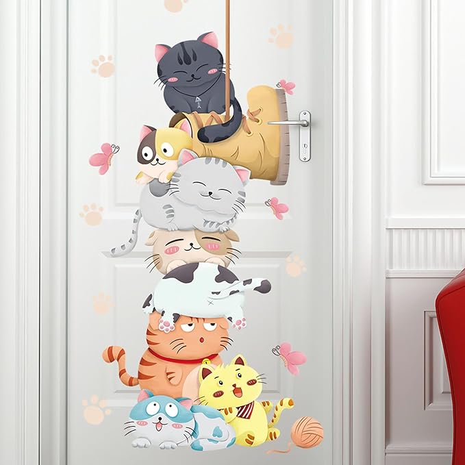 Height Measurement Growth Chart Wall Stickers Cartoon Cute Cat Wall Decals Peel and Stick Removable Wall Stickers for Kids Nursery Bedroom Living Room Decor