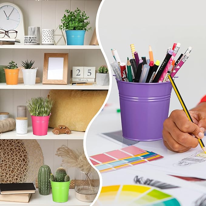 Therwen 24 Pieces Small Metal Buckets with Handle Colored Galvanized Bucket Round Metal Pail for Kids Classroom Candy Crafts,Utensils, Vase Party Favor(5.71 Inch,with Handle)