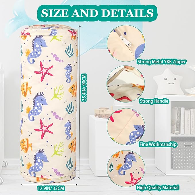 Stuffed Animal Bean Bag Storage Chair for Kids Cover Only (No Filler), Organize, Sit, Play & Boxing, 100% Cotton Canvas Washable, Ultra Soft Cylinder Long Vertical Zipper Best Gift for Child