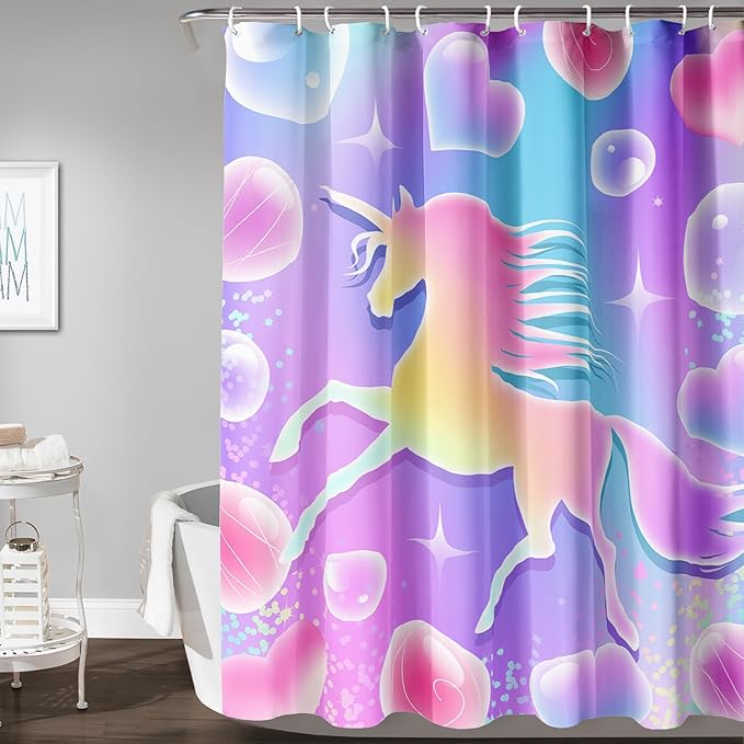 AILONEN Girls Unicorn Shower Curtain for Bathroom, Pink Hearts Rainbow Unicorn Bath Curtain,Cute Unicorn Kids Shower Curtain 72" W*72" H Polyester Waterproof Bathroom Curtain with 12 Hooks