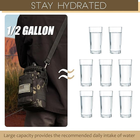 Half Gallon Water Bottle with Sleeve - 64 Oz Insulated Water Jug with Strap Stainless Steel Big Gym Water Bottles for Men Sports Workout Hiking Camo Black