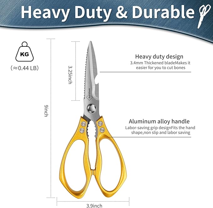 Kitchen Shears for Food Heavy-Duty: Multipurpose Kitchen Shears for Cutting Chicken, Bone, Meat, Food, (9'' Gold)