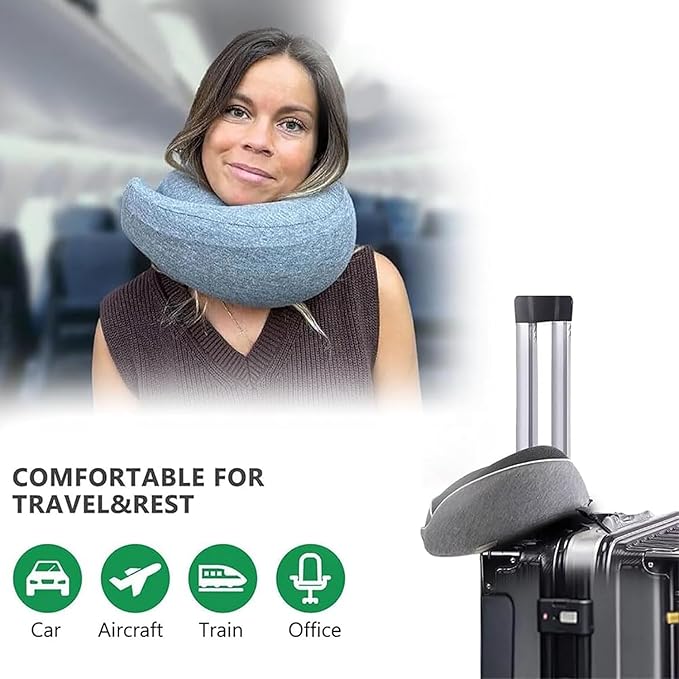 Portable Travel Pillow,Memory Foam Neck Pillow for Travel,Neck Support Pillow for Airplane with Eyemask,Earplugs and Storage Bag(Grey)