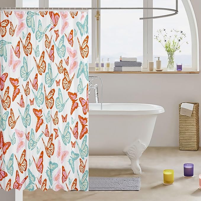 Feelyou Butterfly Bath Curtain Butterflies Print Shower Curtain Girl Butterfly Bathroom Shower Curtain Set for Kids Boys Girls Beautiful Butterfly Kids Bathroom Accessories 72"x78"