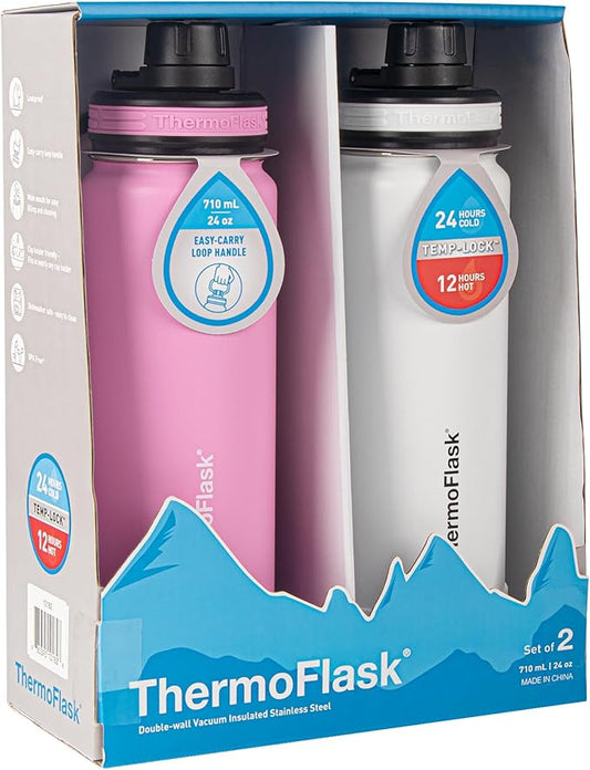 ThermoFlask 24 oz Double Wall Vacuum Insulated Stainless Steel 2-Pack of Water Bottles, Strawberry/Arctic White