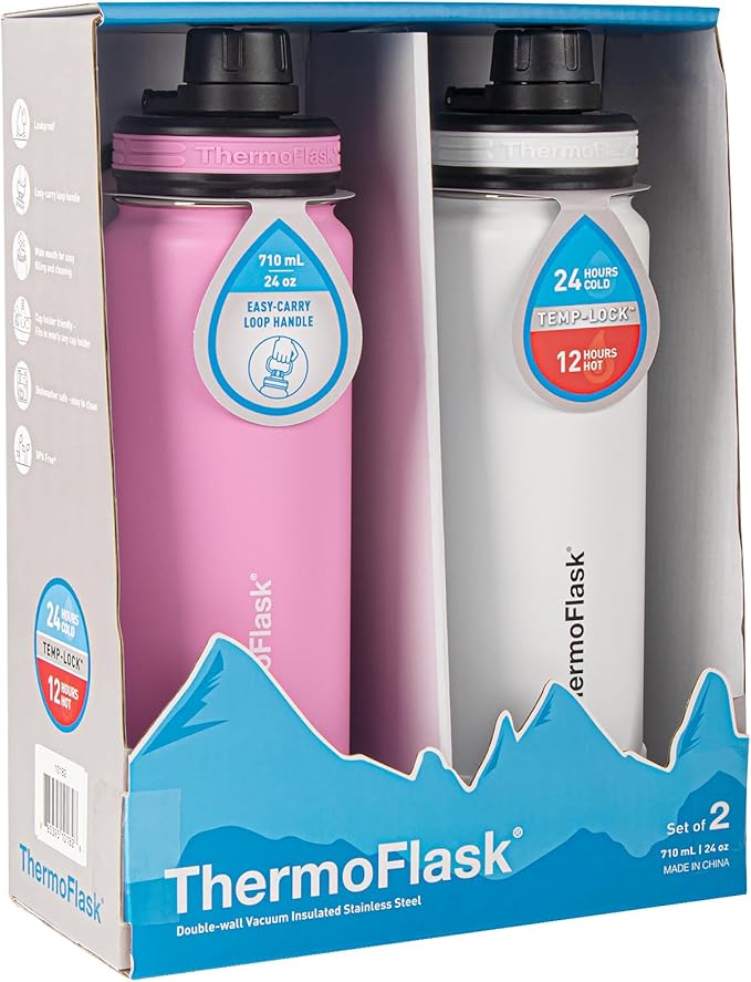 ThermoFlask 24 oz Double Wall Vacuum Insulated Stainless Steel 2-Pack of Water Bottles, Strawberry/Arctic White