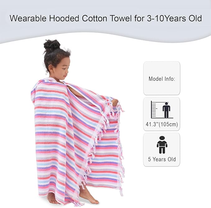 Hooded Bath Towel for Kids (3-10Years) - Soft, Absorbent Oversized Turkish Cotton Pool Towels with Hood for Toddler,Perfect for Bath | Beach | Pool | Swim, Jacquard, Color Stripe with Tassels