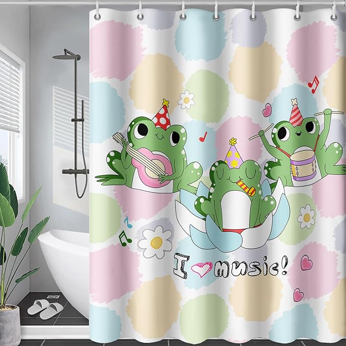 AILONEN Frog Shower Curtain, Cute Frog Bathroom Curtain,Music Frog Green Cartoon Kids Shower Curtain 48" W*72" H Polyester Waterproof Frog Bathroom Curtain with 12 Hooks