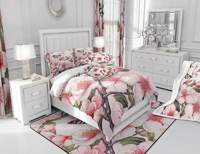 Feelyou Peach Blossom Fabric Shower Curtain for Kids Boys Girls Flower Floral Bathroom Waterproof Accessories with 12 Hooks Pink Shower Curtain Honey Curtains,72x78 Inches