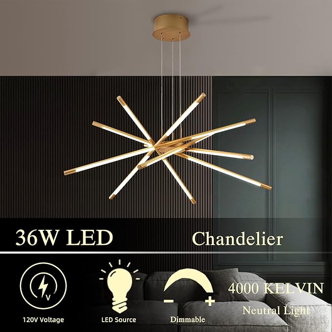 Gold 12-Light Modern Led Chandelier Flush Mount DIY Linear Art Deco Chandeliers Fixture for Dining Room,Staircase Bedroom,Bathroom,Living Room,Foyer and Kitchen Island Easy to Install Lamp