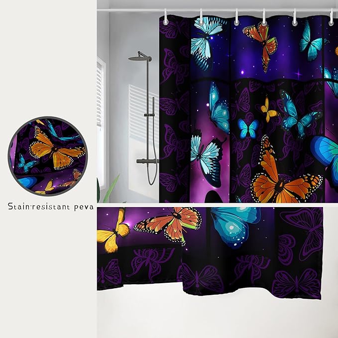AILONEN Colorful Butterfly Shower Curtain,Animal Shower Curtain 36" W*72" H for Bathroom Decor,Mystic Purple Galaxy Butterfly Modern Shower Curtain Waterproof Bath Curtain with Grommets and 12 Hooks