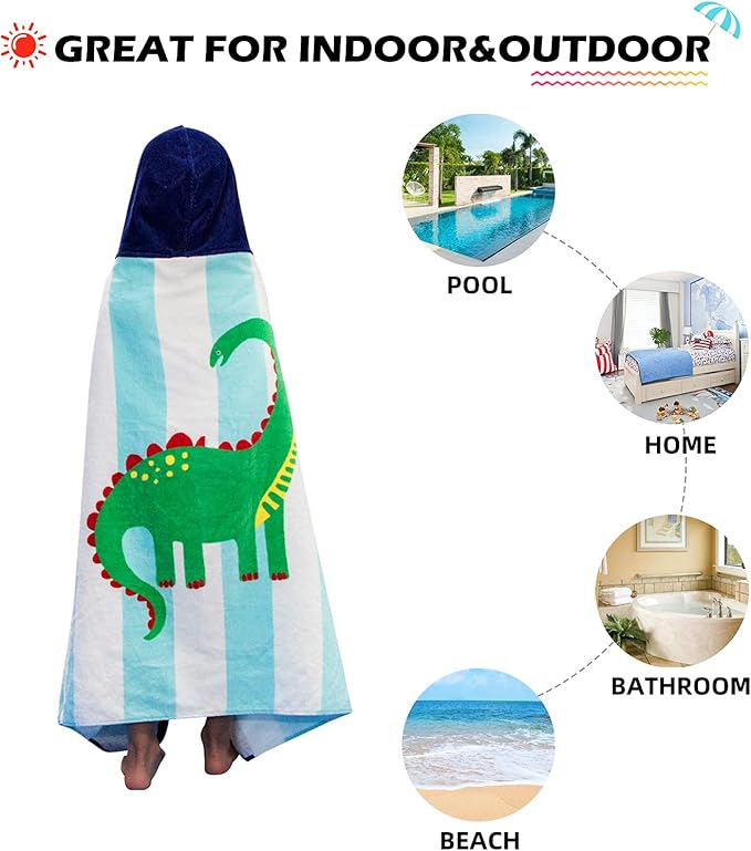 BANGSAUR Kids Hooded Beach Bath Towels, 100% Cotton 50"x30" Wrap Blanket, Toddlers Boys 3-12 Years Coverup Towel Striped Dinosaur