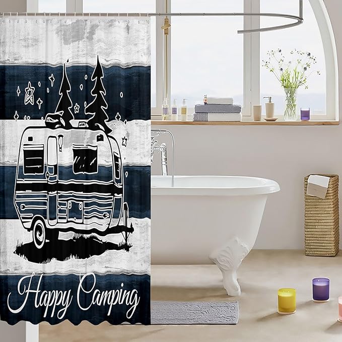 Feelyou Camper Shower Curtain Happy Camping Fabric Shower Curtain for Kids Boys Girls Rv Camping Bathroom Waterproof Accessories with 12 Hooks Camper Accessories Travel Trailers Curtains,72x72 Inches