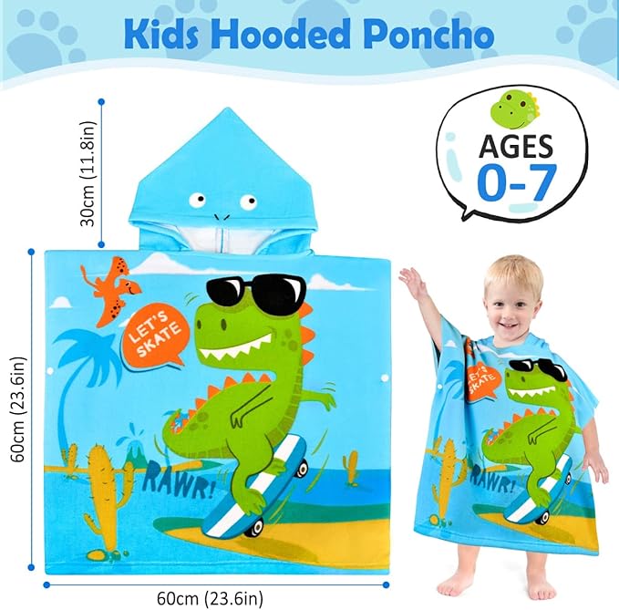 HUANLANG Kids Hooded Beach Towel for Boys Girls,Bath Pool Beach Poncho Towels Super Soft & Absorbent Cotton Towel Childrens Dinosaur Beach Towels for Toddler 0-7 Years Old