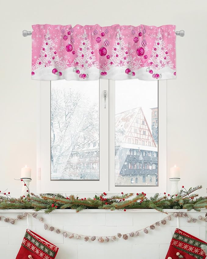 Pink Christmas Valance Curtains for Kitchen Windows White Xmas Tree Snowflakes Pink Balls Rod Pocket Window Treatment Toppers for Kitchen/Living Room/Bedroom/Bathroom, 42" X 12", Winter