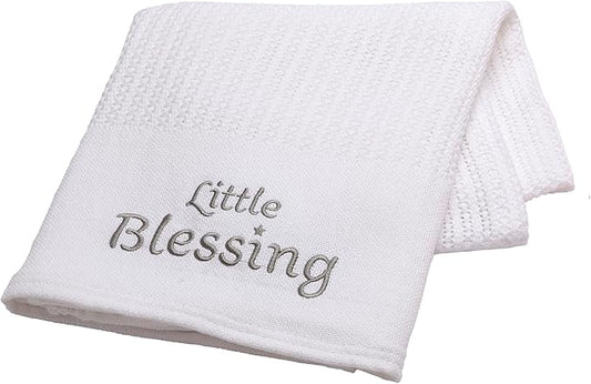 Cotton Knit Baby Blanket with Embroidery, Little Blessings, 30 in. x 40 in., White, Unisex