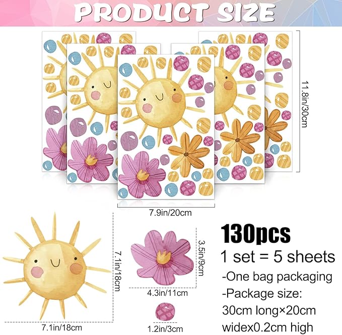 Watercolor Boho Smiling Sun Wall Decals Removable DIY Colorful Flowers Wall Decal Peel and Stick Dewdrops Wall Stickers Wall Art for Baby Nursery Bedroom Living Room Playroom Decor