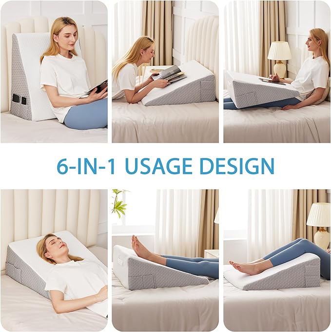 Wedge Pillow for Back Pain Relief, Bed Wedge Pillow for Sleeping, 24×24×12 Inch Memory Foam Anti Snore Pillow, Triangle Pillow Wedge for Sleeping Acid Reflux, Gerd, Elevated Pillow White/Grey