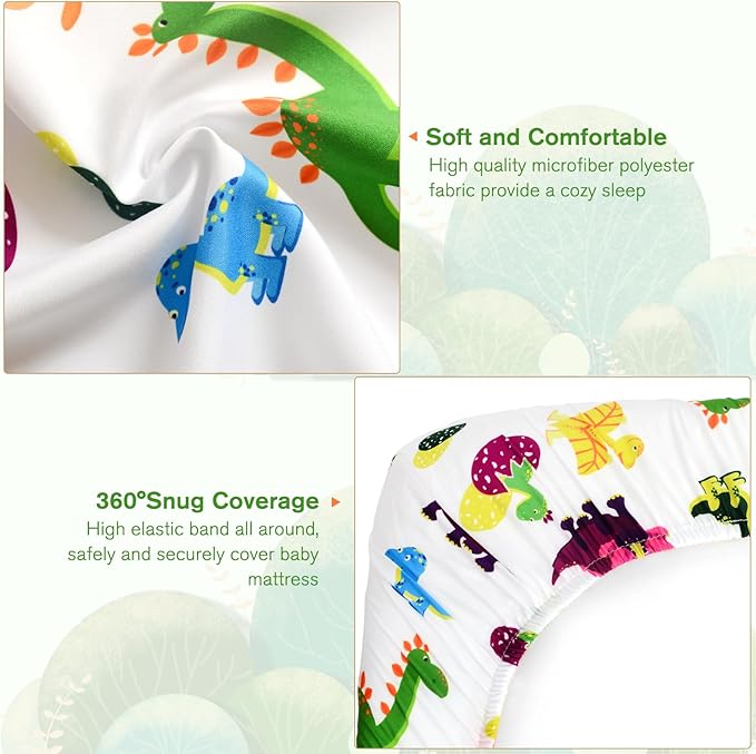 JISEN Baby Crib Sheets Soft Breathable Dinosaurs Fitted Crib Sheets Baby Sheet for Standard Crib and Toddler Mattress Baby Bed Sheets for Crib for Baby Boys Girls Neutral 52x28 Inch