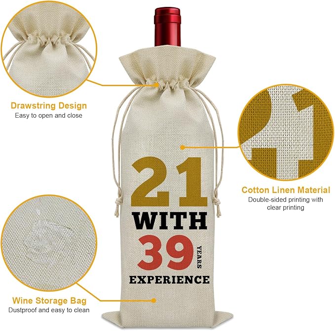 Sazuwu Funny 60th Birthday Gifts Wine Bag 60 Year Old Birthday Gifts for Friend 1964 Birthday Gifts Wine Bottle Decoration Bag 21 with 39 Years Experience Wine Accessories Gifts for Wine Lovers