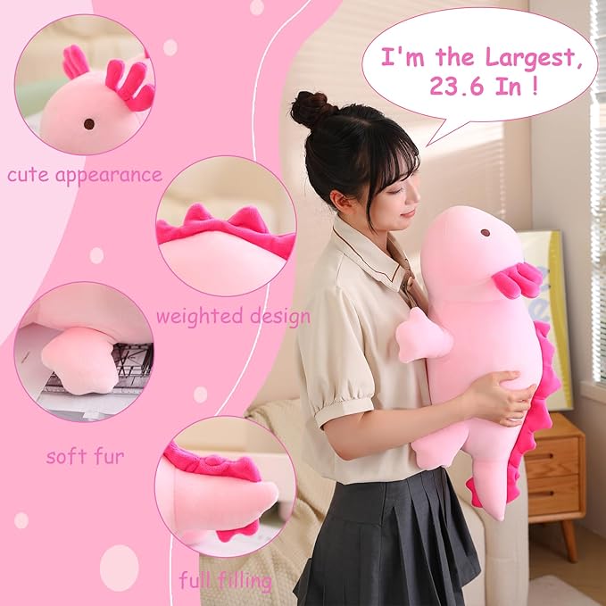 SQEQE Weighted Axolotl Plush Toy, Pink Axolotl Stuffed Animals Cute Axolotl Plush Pillow, Cute Weighted Stuffed Animals Gifts for Girls & Boys Age 3-12 (23.6" | 3.5 lbs, Pink Axolotl)