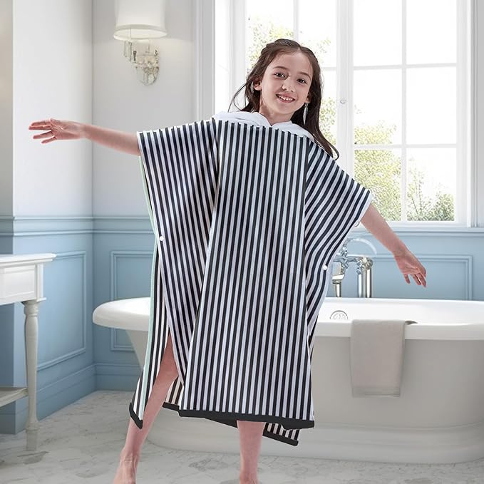 VOOVA & MOVAS Hooded Beach Towel for Big Kids | Large (8-16Years) Soft and Absorbent Cotton Poncho Towel Robe for Pool, Swim, and Bath Black White Stripe