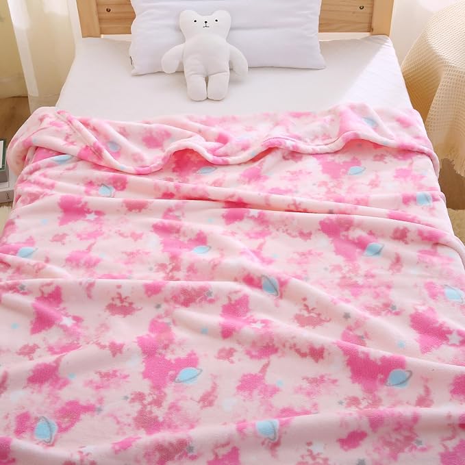 DaysU Plush Flannel Baby Blanket Super-Soft Lightweight, Printed Fleece Baby Blanket for Girls, Oversized Bed Throws for Kids and Children, Pink Space & Star, 50”x60”