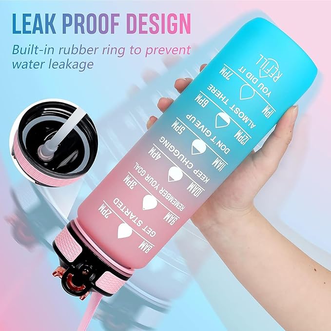 Mom 32 oz Water Bottle with Times Marker to Drink and Straw, Carrying Strap, Leakproof Tritan BPA-Free, Ensure You Drink Enough Water for Fitness, Gym, Camping, Outdoor Sports