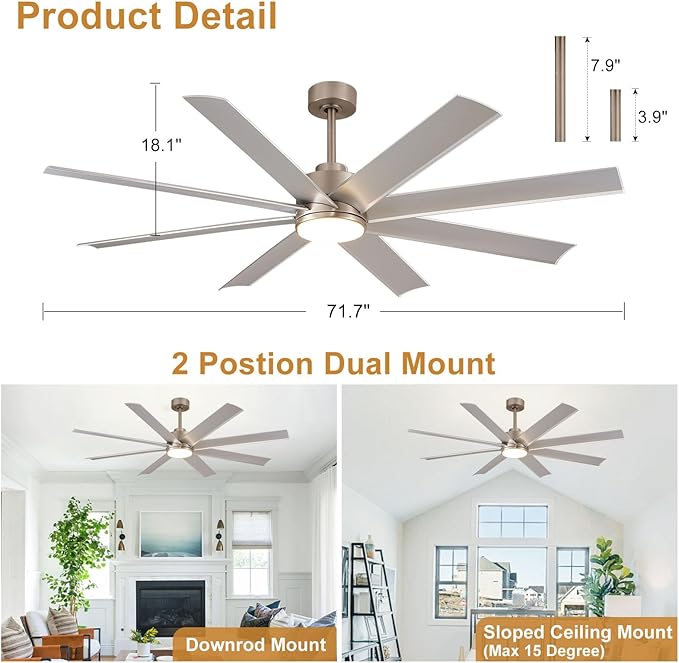 Depuley 72" Reversible Modern Ceiling Fan with Remote and APP Control, 3 CCT Dimmable Industrial Ceiling Fans with Light, Outdoor LED Ceiling Fan for Patios Factory Warehouse Living Room, Nickel
