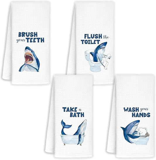 Shark Kids Bathroom Decor Sets of 4 - Shark Towels for Kids Bathroom, Shark Kids Bath Towels 16x24, Toddler Boys Girls Bathroom Decor, Wash Your Hands Bathroom Decor, 16x24