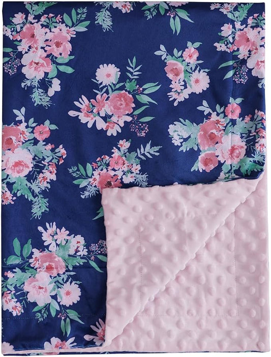Minky Baby Throw Blanket for Girls, 50x60 Inches Soft Lightweight Micro Fleece Blanket with Double Layer, Dotted Backing, Breathable Receiving Blanket for Newborns, Navy Floral