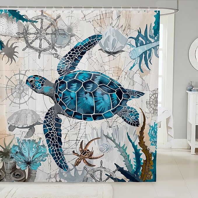 Feelyou Sea Turtle Shower Curtain Ocean Sailboat Compass Fabric Shower Curtain for Kids Boys Girls Nautical Theme Bathroom Waterproof Accessories with 12 Hooks Ocean Creature Curtains,72x84 Inches