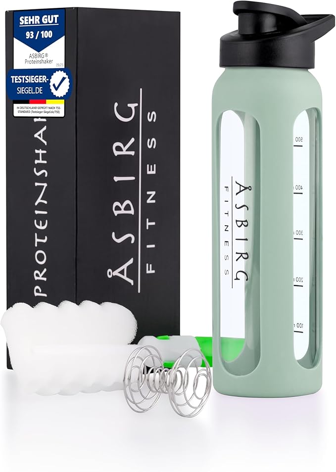 Fitness | Protein Shaker Made of Glass | Protein Shaker | Drinking Bottle | with Spiral Ball | Black (pastel green)