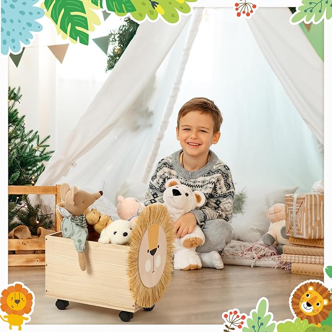 Kids Toy Box Storage Wooden Toy Chest Toy Organizers for Boys Girls Toy Box with Wheels 16x 10 x 10 Inch Lion Toy Storage Organizer Nursery Decor for Bedroom Living Room Easy Assembly