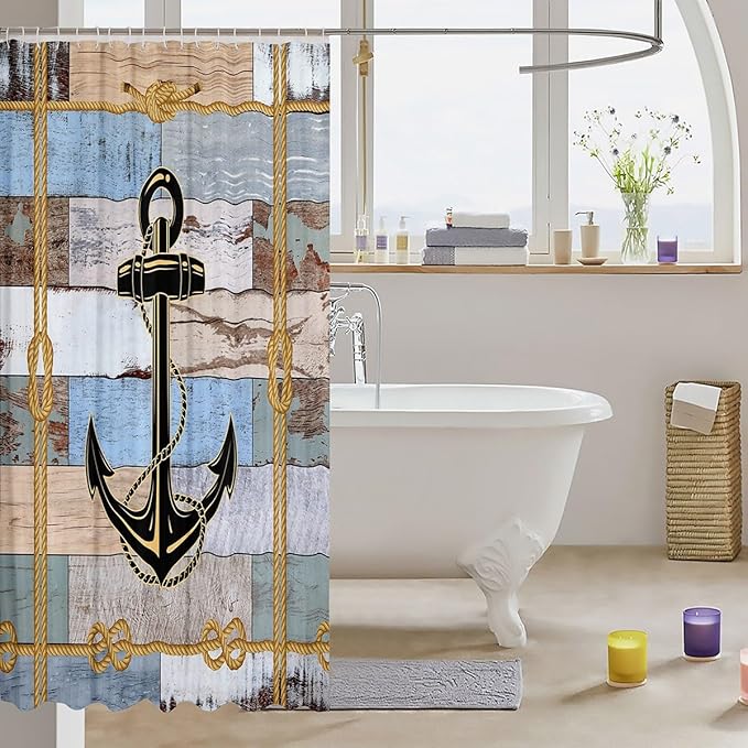 Feelyou Anchor Nautical Shower Curtain Vintage Plank Blue Brown Fabric Shower Curtain for Kids Ocean Themed Bathroom Waterproof Accessories with 12 Hooks Geometric Stripe Curtains,72X84 Inches