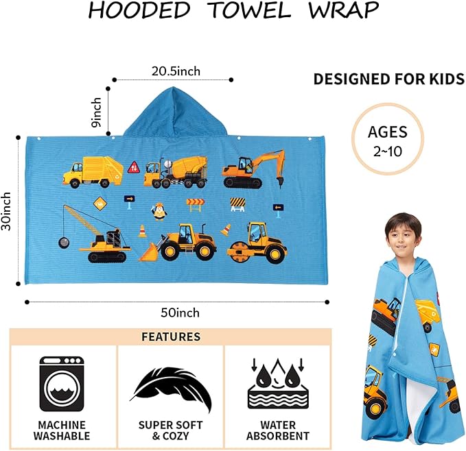 Hooded Towel for Toddlers 2-10 Years Boys Girls Kids Bath Pool Beach Towel Wrap Soft Absorbent Beach Poncho(Construction site)