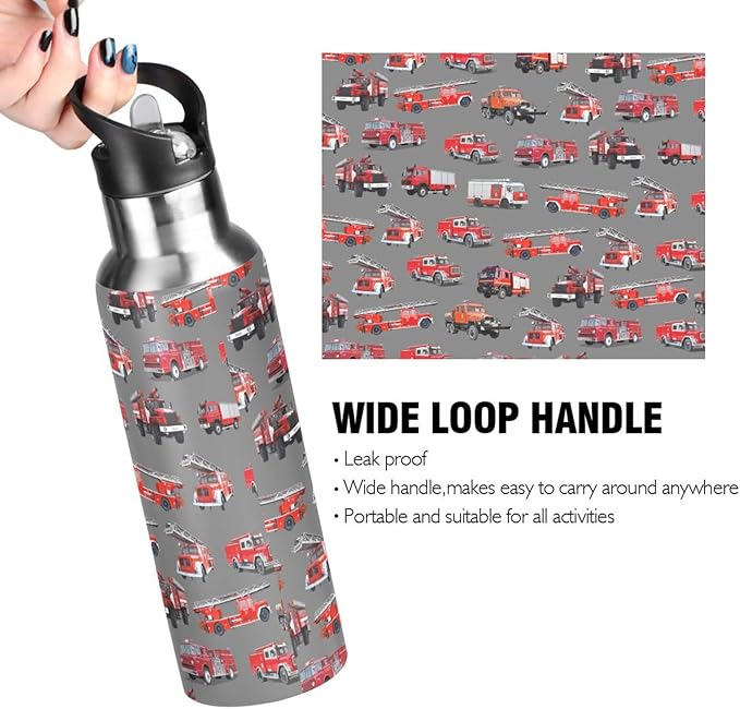 Fire Truck Stainless Steel Water Bottle with Straw Lid - 20 Oz Sports Insulated Water Bottle Thermos for Sport Gym Outdoor Travel School (DZ006)